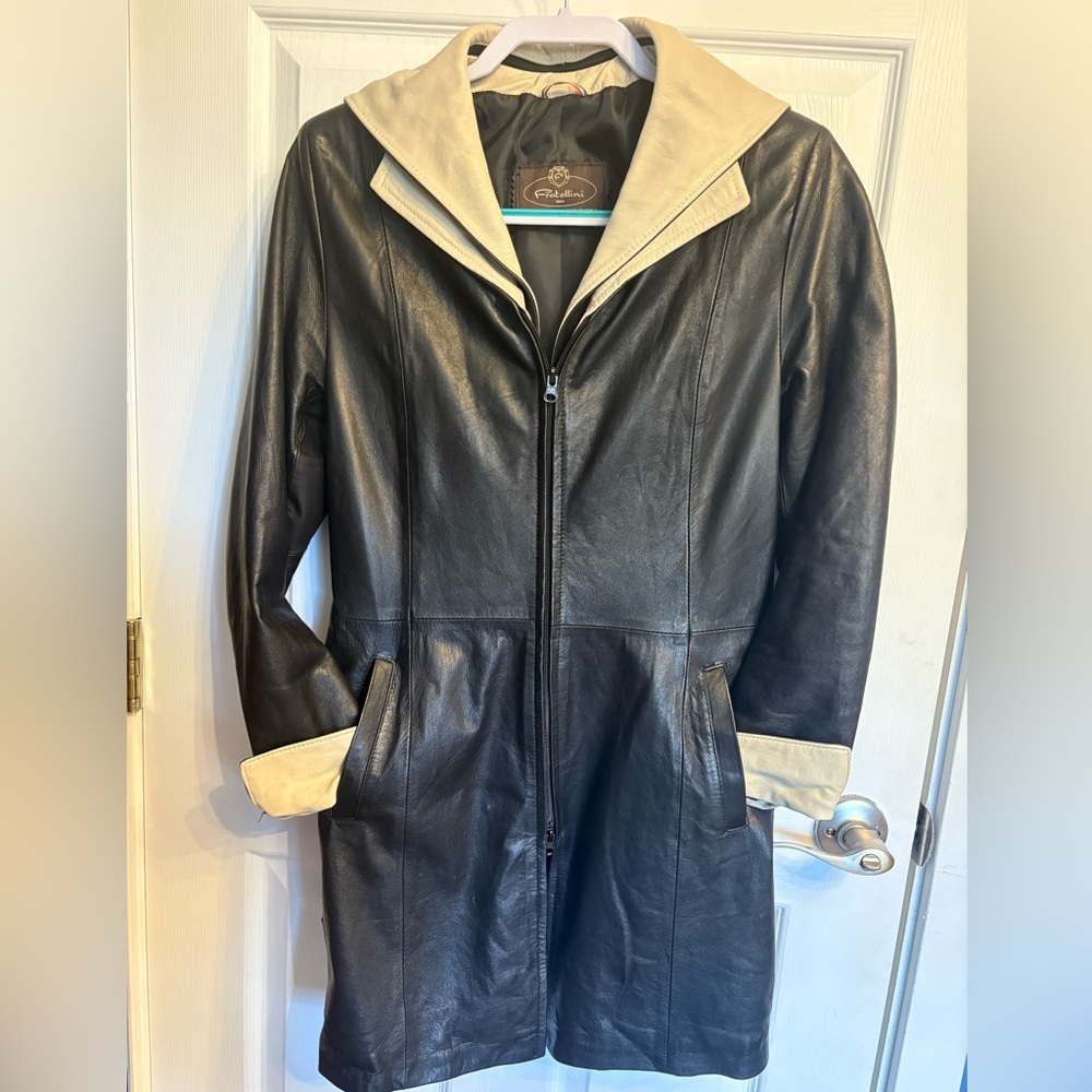 Genuine Supple Leather Black and Cream Hooded Coat